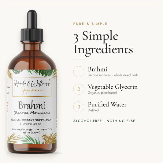 Brahmi liquid drops, 3 simple ingredients: herb, vegetable glycerin, purified water