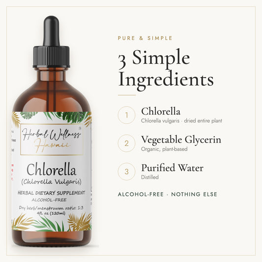 Chlorella liquid drops, 3 simple ingredients: herb, vegetable glycerin, purified water