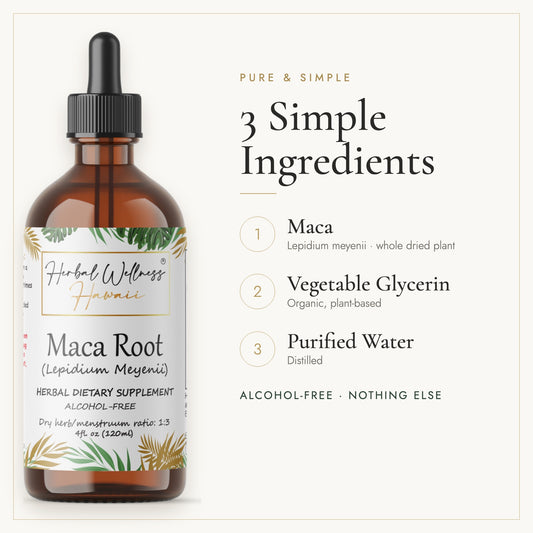 Maca liquid drops, 3 simple ingredients: herb, vegetable glycerin, purified water