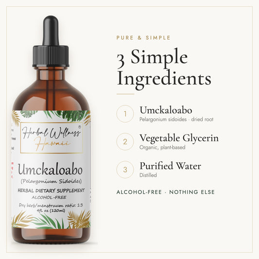 Umckaloabo liquid drops, 3 simple ingredients: herb, vegetable glycerin, purified water