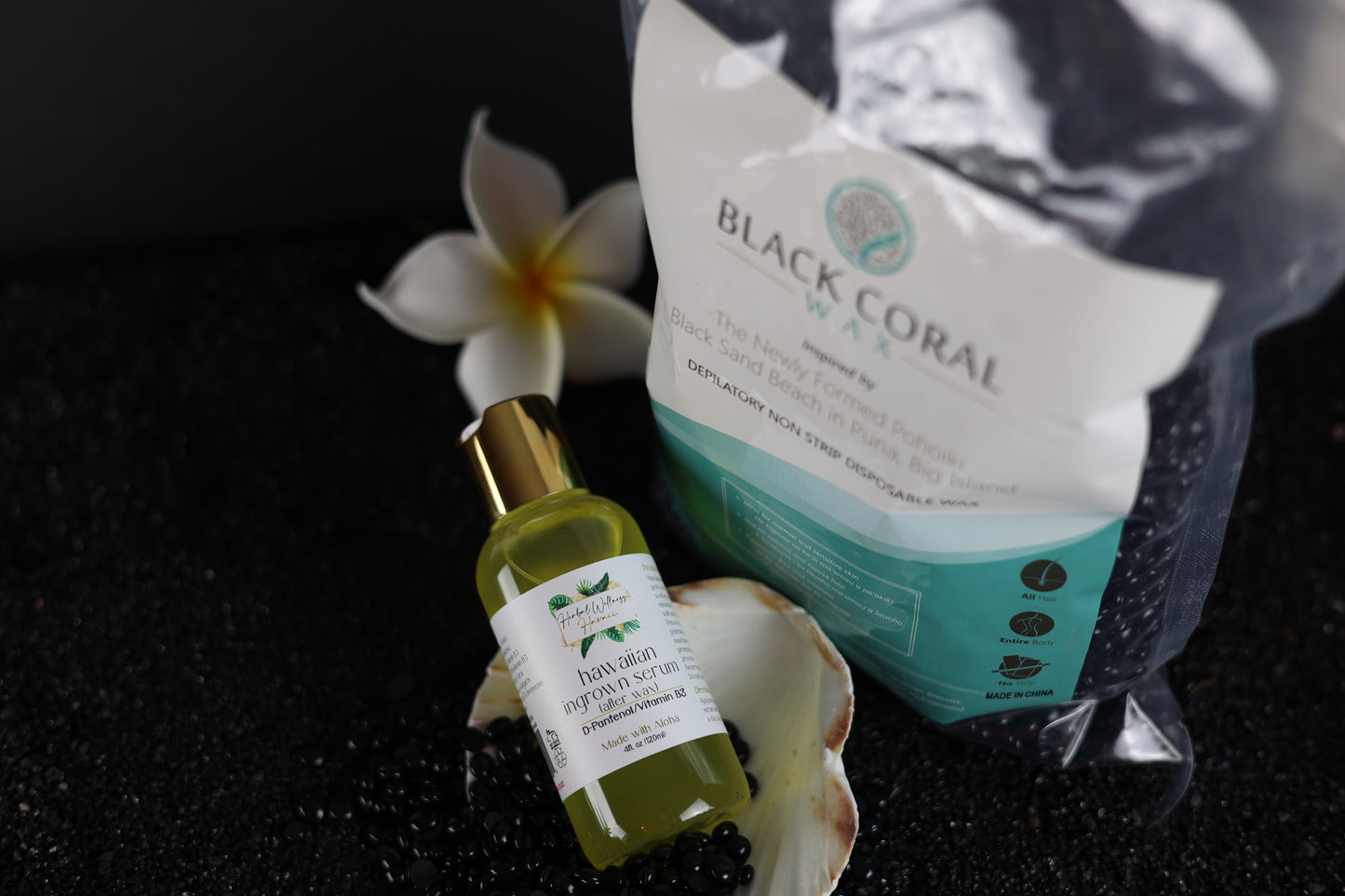 WAXING KIT Black Coral Wax Beans 2.2Lb+Hawaiian Pre/Post Waxing Oil and Hawaiian Ingrown Hair Serum Two bottles 4 oz