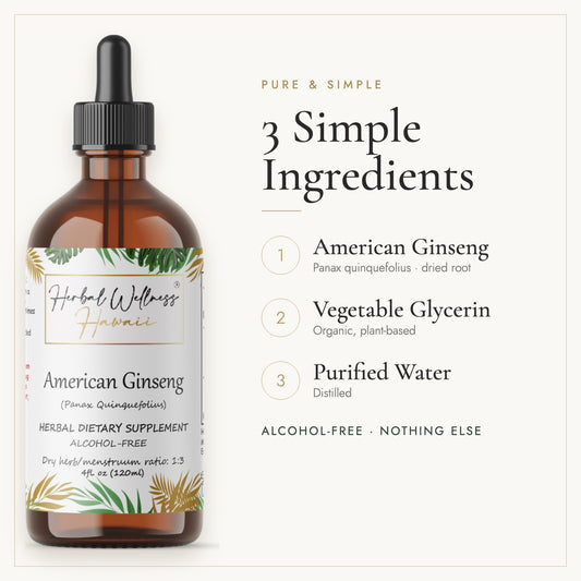 American Ginseng liquid drops, 3 simple ingredients: herb, vegetable glycerin, purified water