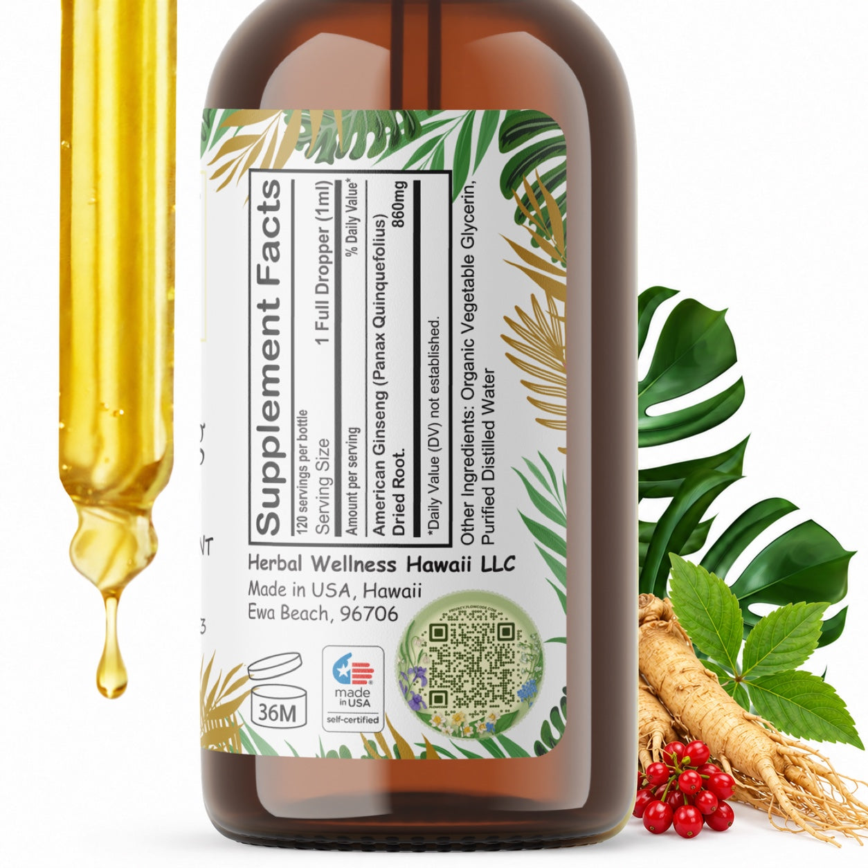 American Ginseng Liquid Drops Alcohol-Free – Energy & Focus, Panax Quinquefolius Root