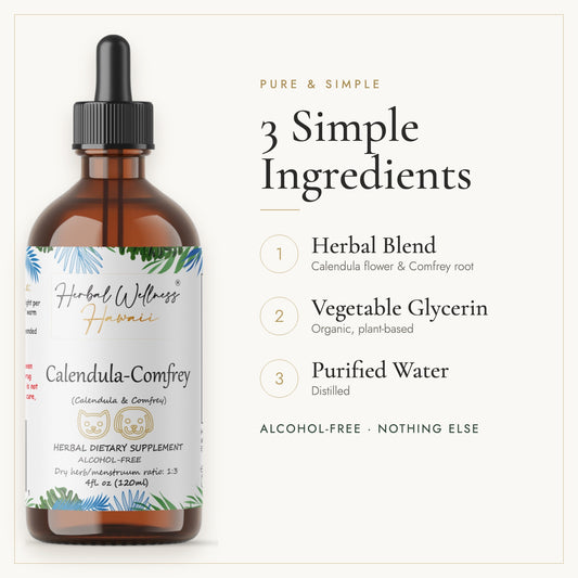 Calendula Comfrey Pet Drops liquid drops, 3 simple ingredients: herb, vegetable glycerin, purified water