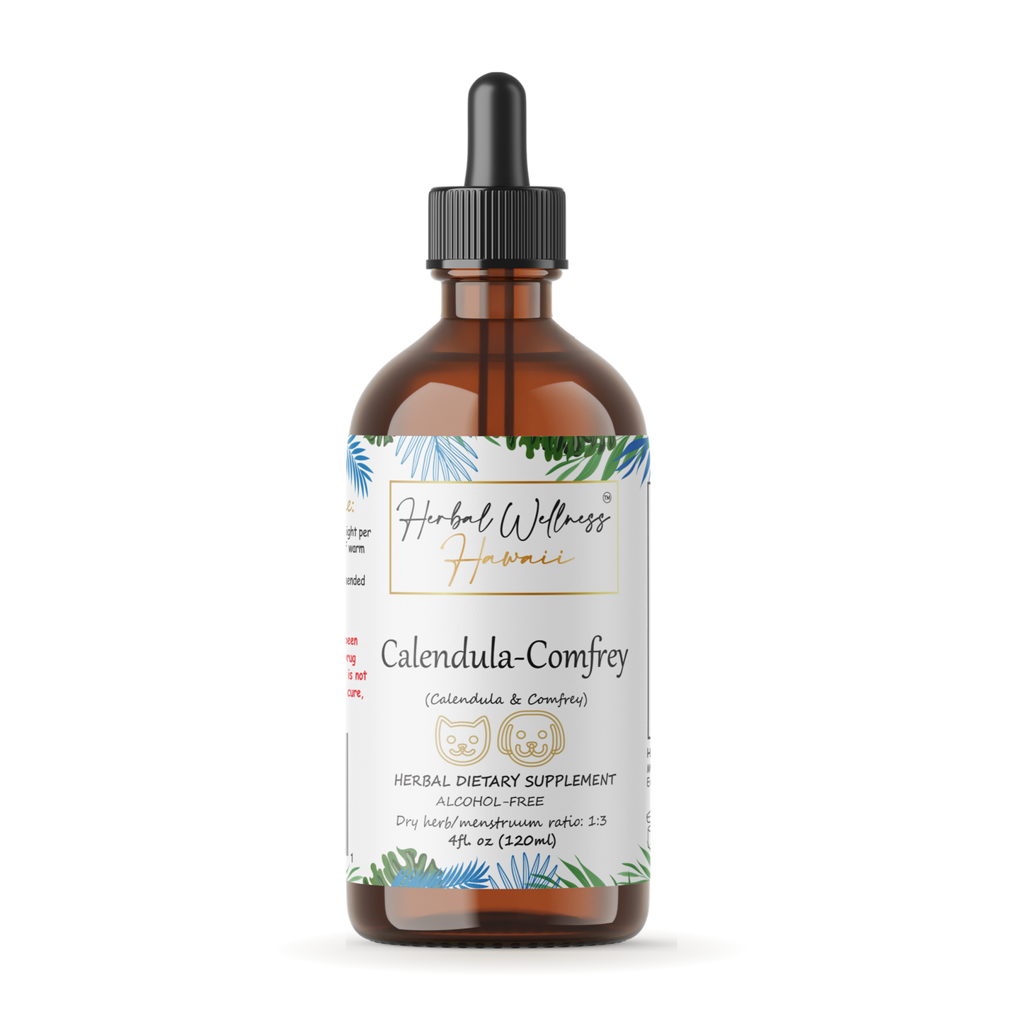 Calendula Comfrey Pet alcohol-free liquid drops 4 oz bottle, Herbal Wellness Hawaii