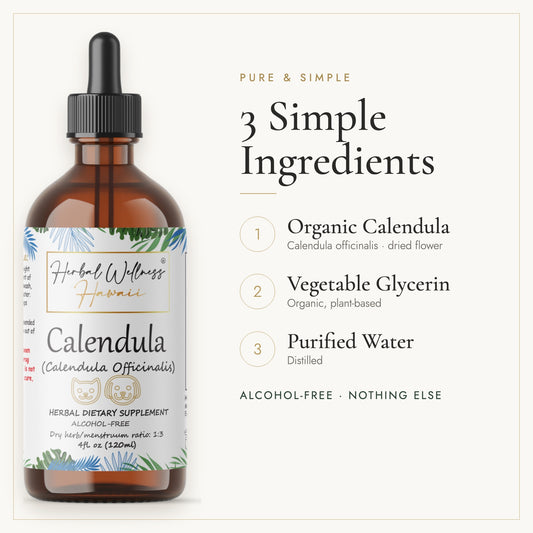 Calendula Pet Drops liquid drops, 3 simple ingredients: herb, vegetable glycerin, purified water