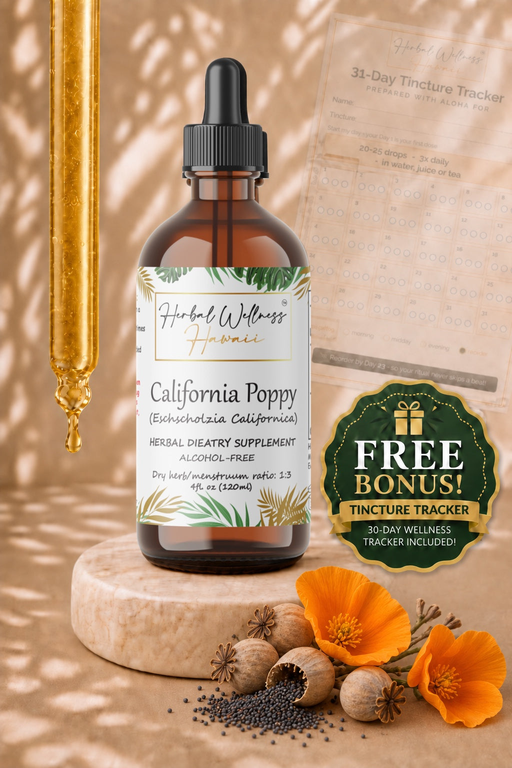 California Poppy Seed Liquid Drops Alcohol-Free – Calm Evening Support, Eschscholzia Seeds