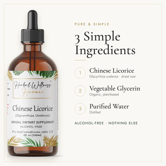 Chinese Licorice liquid drops, 3 simple ingredients: herb, vegetable glycerin, purified water