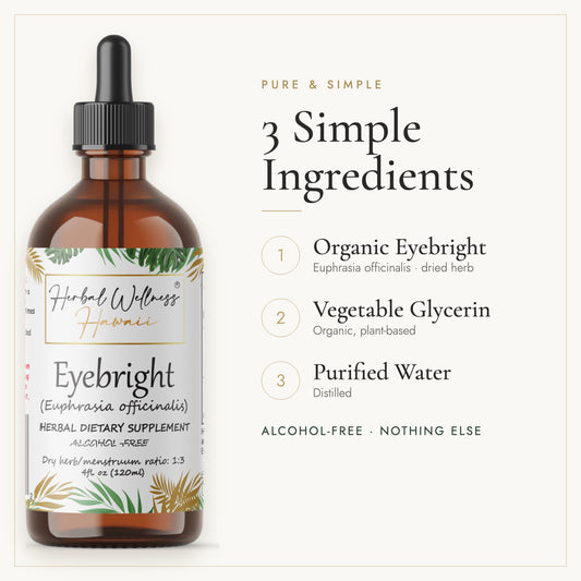 Eyebright liquid drops, 3 simple ingredients: herb, vegetable glycerin, purified water