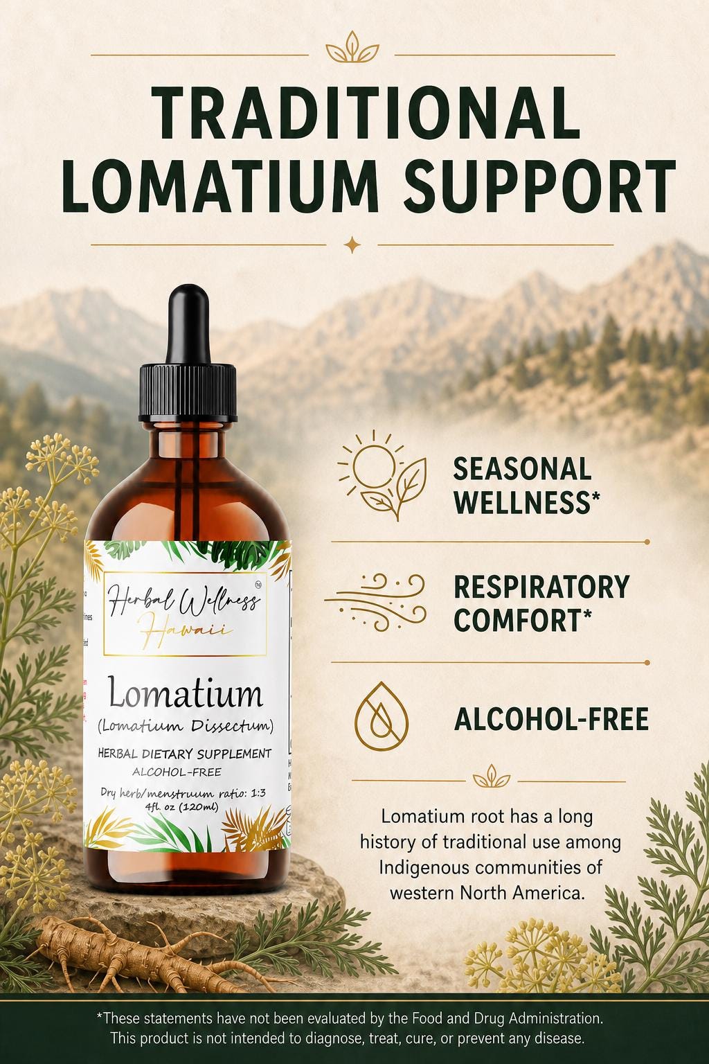Lomatium Tincture Alcohol-Free, Organic Lomatium Dissectum Liquid Drops, Herbal Extract