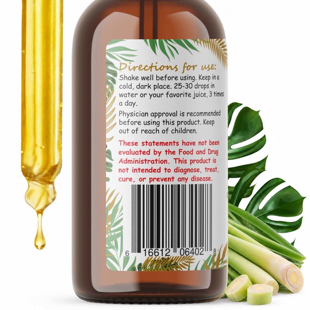 Lemongrass Liquid Drops Alcohol-Free – Digestive Support, Cymbopogon Citratus Stalk