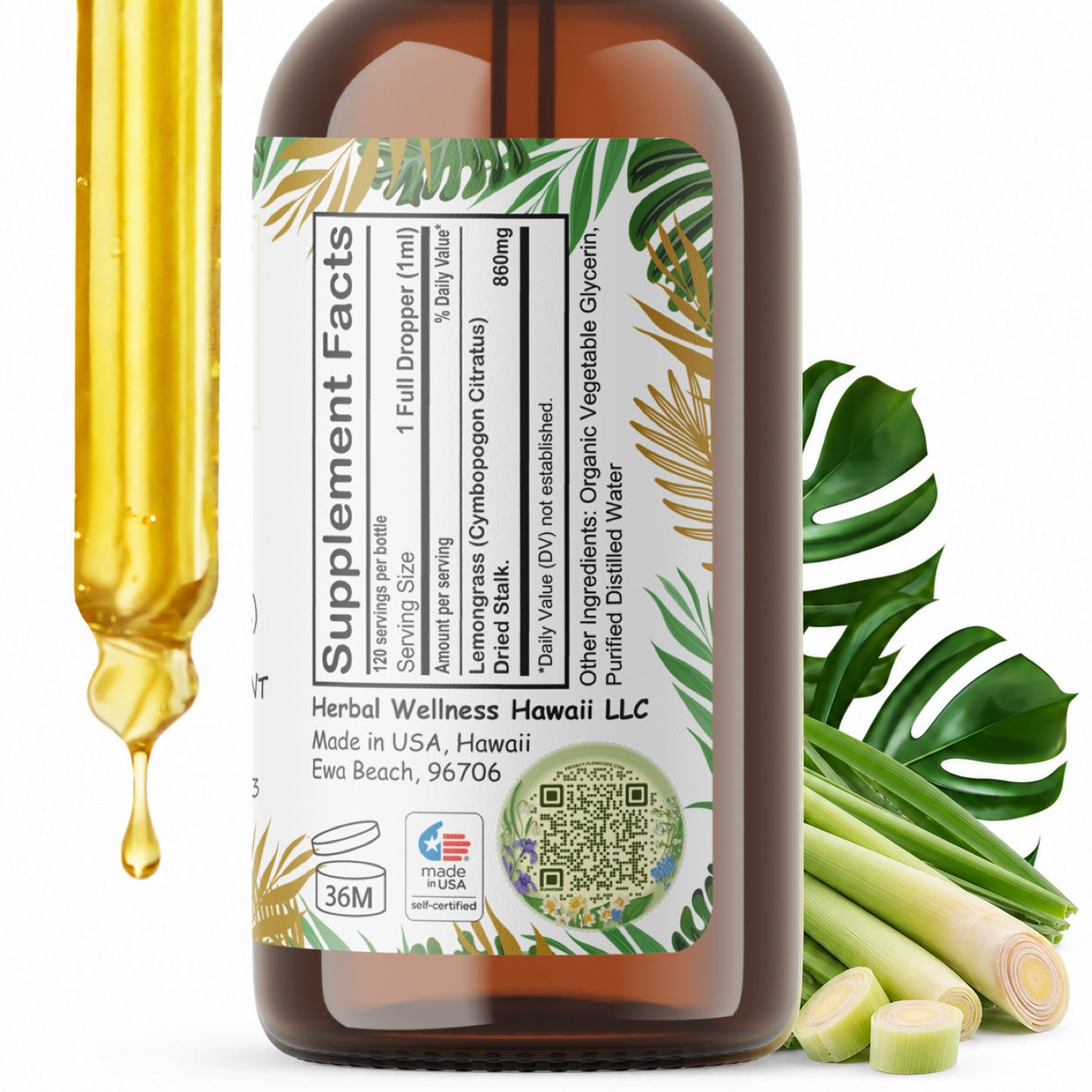 Lemongrass Liquid Drops Alcohol-Free – Digestive Support, Cymbopogon Citratus Stalk