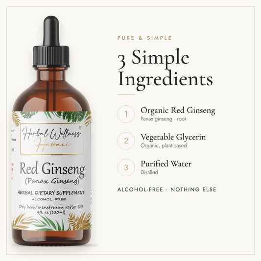 Red Ginseng liquid drops, 3 simple ingredients: herb, vegetable glycerin, purified water