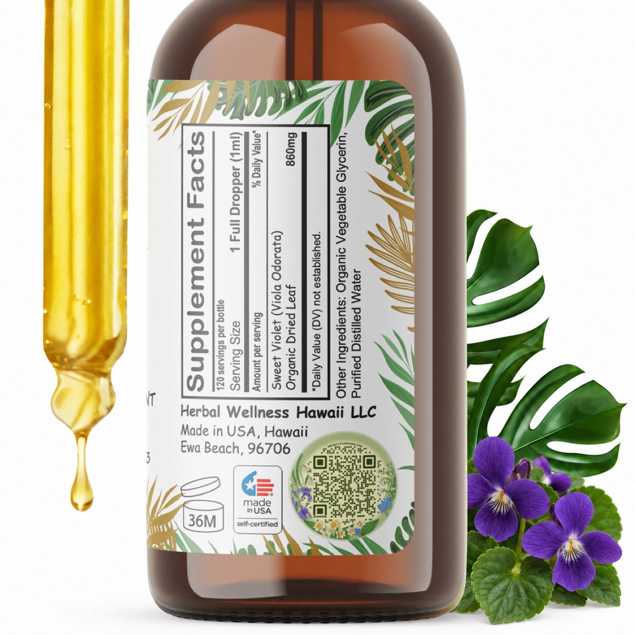 Sweet Violet Liquid Drops Alcohol-Free – Lymphatic and Skin Support, Viola Odorata Leaf