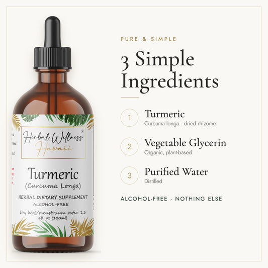 Turmeric liquid drops, 3 simple ingredients: herb, vegetable glycerin, purified water